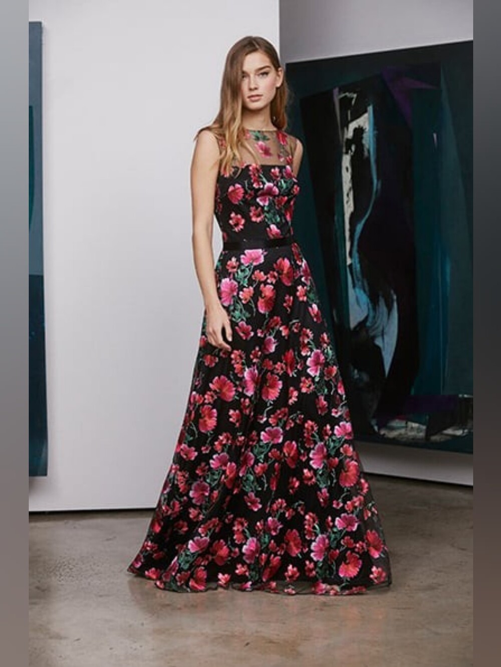 NWOT Tadashi Shoji Rajani Black Maxi Gown Pink Floral Sleeveless Embroidery Sz 4